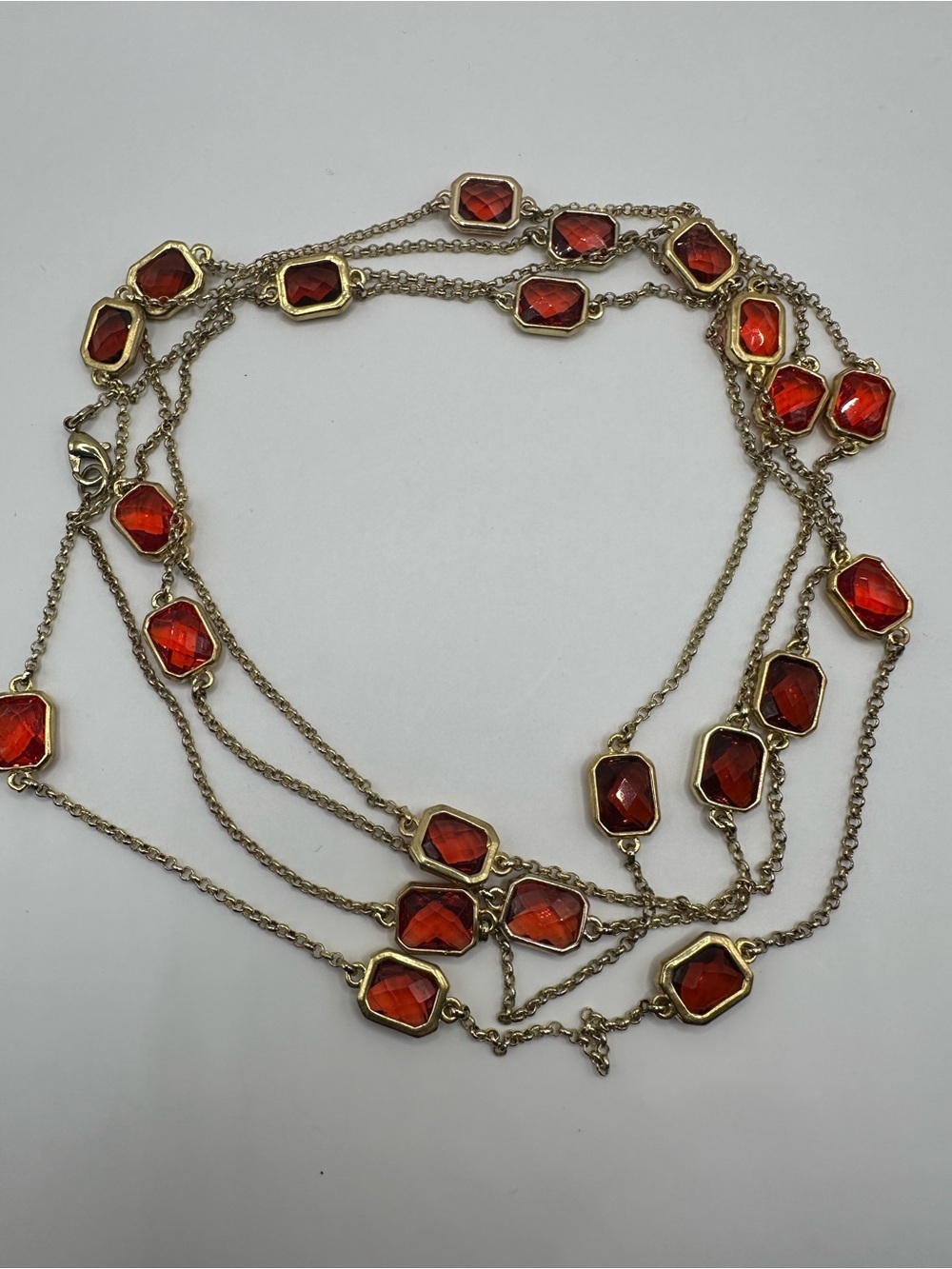 Gold Tone Burnt Orange Amber Gemstone Station Extra Long Flapper Necklace